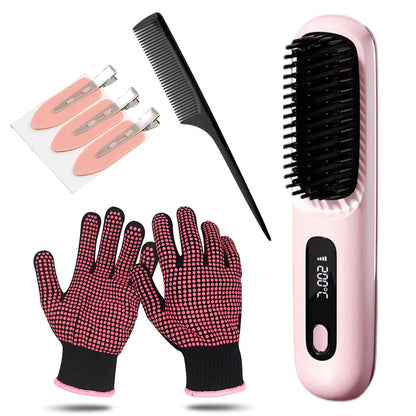Portable Straightener Brush Cordless Hair Straightener Brush 3Setting Temperature Rechargeable Ceramic Hot Comb Brush for Travel