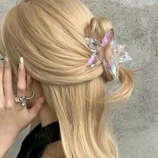 Colorful Hollow Five-Pointed Star Shark Clip Simple Transparent Hairpin Sweet Temperament Girls Hairpin Hair Accessories