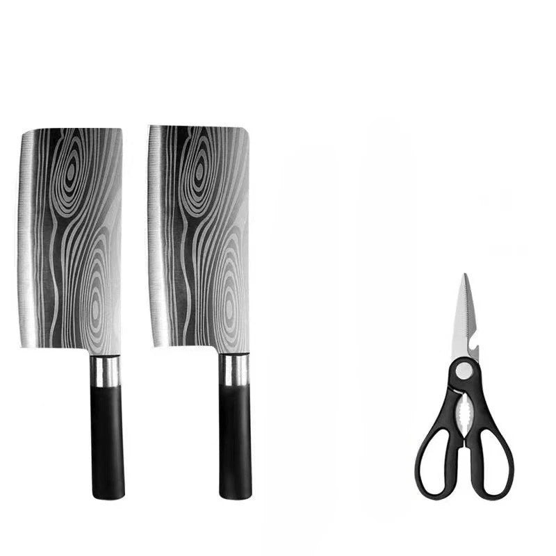 Kitchen Knives Scissors Sharpening Rod Set Laser Damascus Pattern Utility Stainless Steel Sharp Slicing Chef knife Cooking Tool