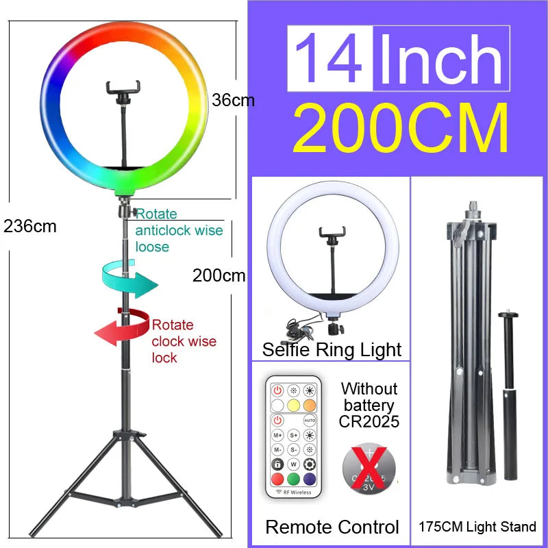 6-14" Ring Light 10 Dimming Levels 22 Modes Professinonal Fill Light 3CCT/RGB with Tripod & Phone/IPad Holder For Live streaming