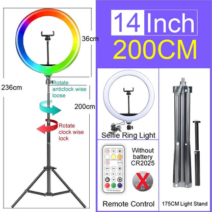 6-14" Ring Light 10 Dimming Levels 22 Modes Professinonal Fill Light 3CCT/RGB with Tripod & Phone/IPad Holder For Live streaming