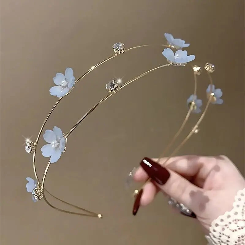 New Double Layer Metal Hairband Flower Pearl Headband for Women Headwear Shiny Rhinestone Hair Band Hoop Hair Accessories