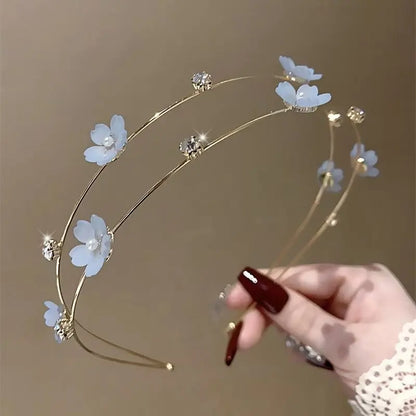 New Double Layer Metal Hairband Flower Pearl Headband for Women Headwear Shiny Rhinestone Hair Band Hoop Hair Accessories