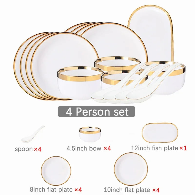 Ceramic Plates Bowls Gilt Rim White Porcelain Dinner Tray Kitchen Plates Ceramic Tableware Food Dishes Rice Salad Noodles Bowl