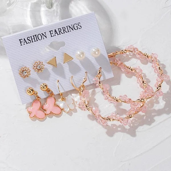 3-9 Pairs Heart Butterfly Drop Earrings Set Big Circle Piercings Earrings Jewelry for Women Imitation Pearl Hoop Cute Ear Buckle