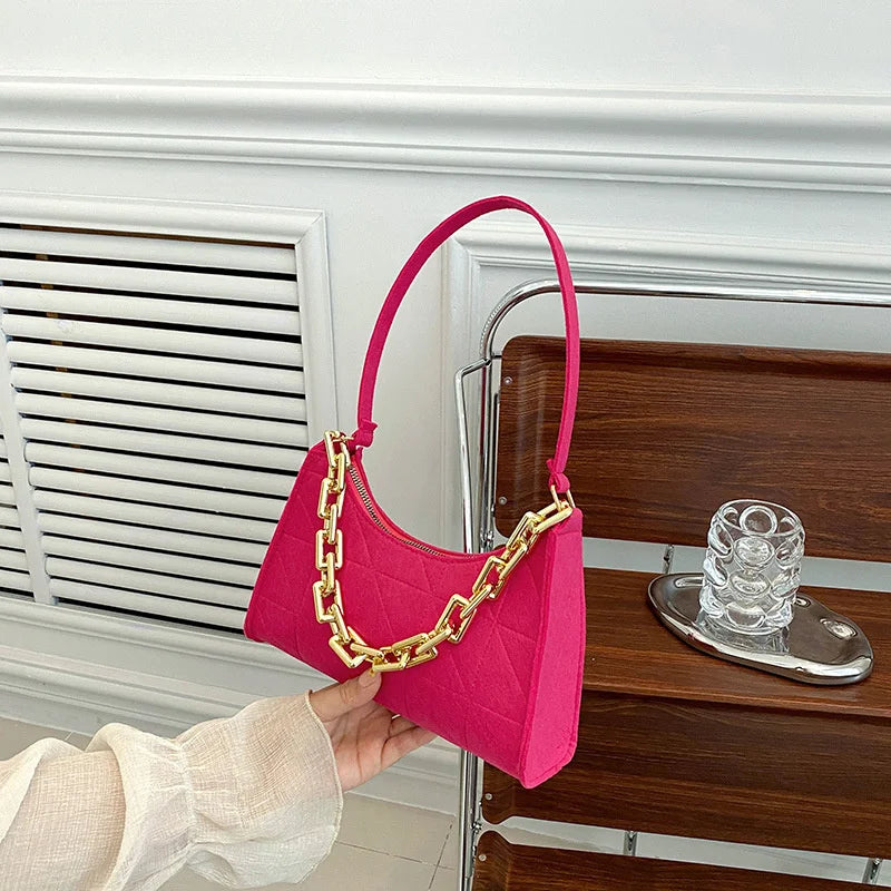 Fashion Women Chain Shoulder Underarm Bags Felt Pu Leather Simple Solid Color Casual Handbags Female Pouch Tote Crossbody Bag