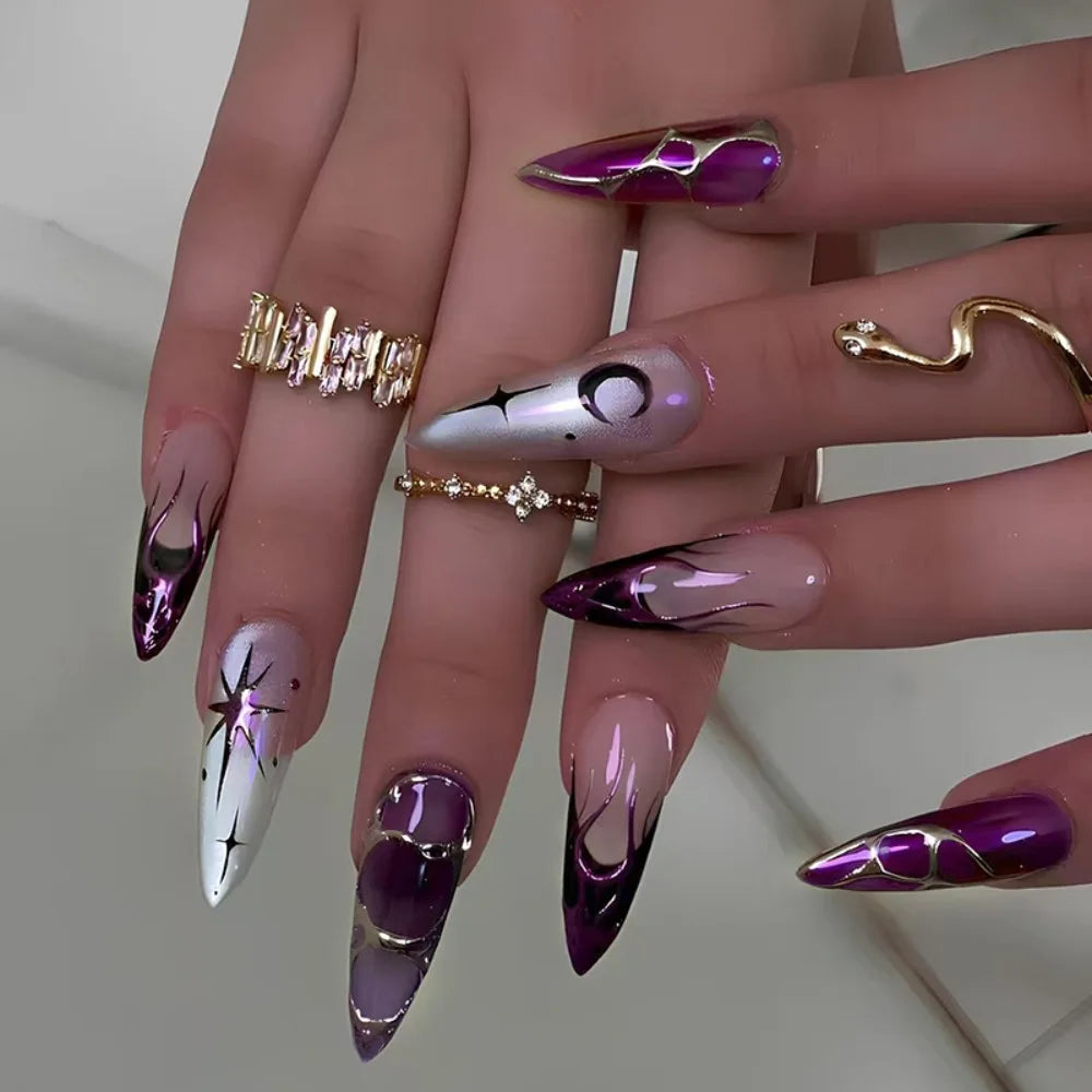 24pcs/set Long Stiletto Fake Nails Punk Snake Pattern Black White Matte False Nails Artificial Full Nail Tips Manicure Tools