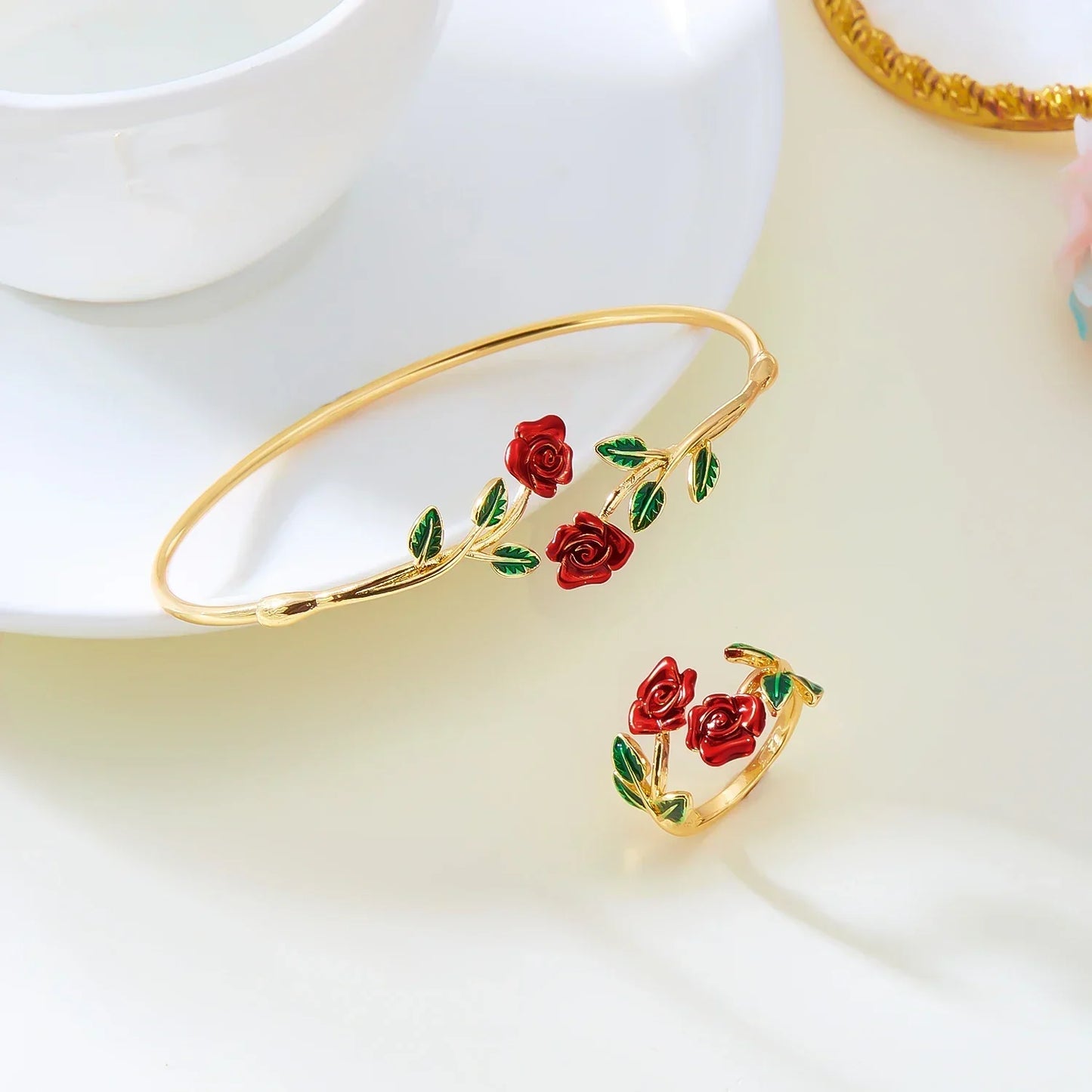 Vintage Charm Red Rose Flower Bracelet Ring Set For Women Vintage Open Adjustable Cuff Bangle Finger Ring Party Wedding Jewelry