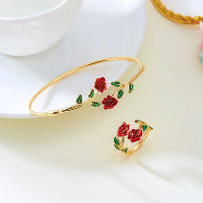 Vintage Charm Red Rose Flower Bracelet Ring Set For Women Vintage Open Adjustable Cuff Bangle Finger Ring Party Wedding Jewelry