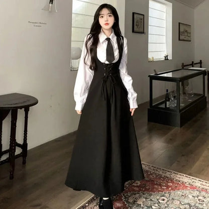 Japanese Style Preppy Fit Waist-Conscious Slimming Crossbody Dress Women's Loose Medium-Length Tank Dress Versatile Korean Versi