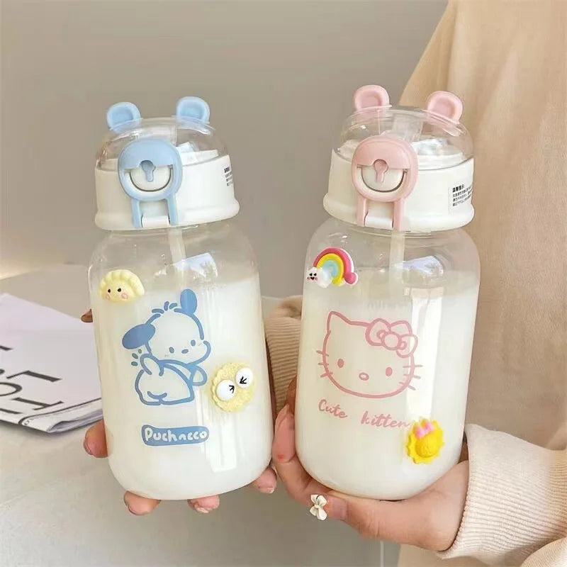 Sanrio Anime Transparent Straw Cup Hello Kitty Pochacco 600ML Cartoon Plastic Water Cup Straw Drinking Student Portable Handle