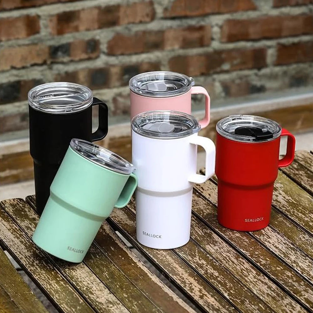 304 stainless steel water cup, coffee cup, tea cup with handle and lid, double-layer mug, car water cup, PP shell, birthday gift