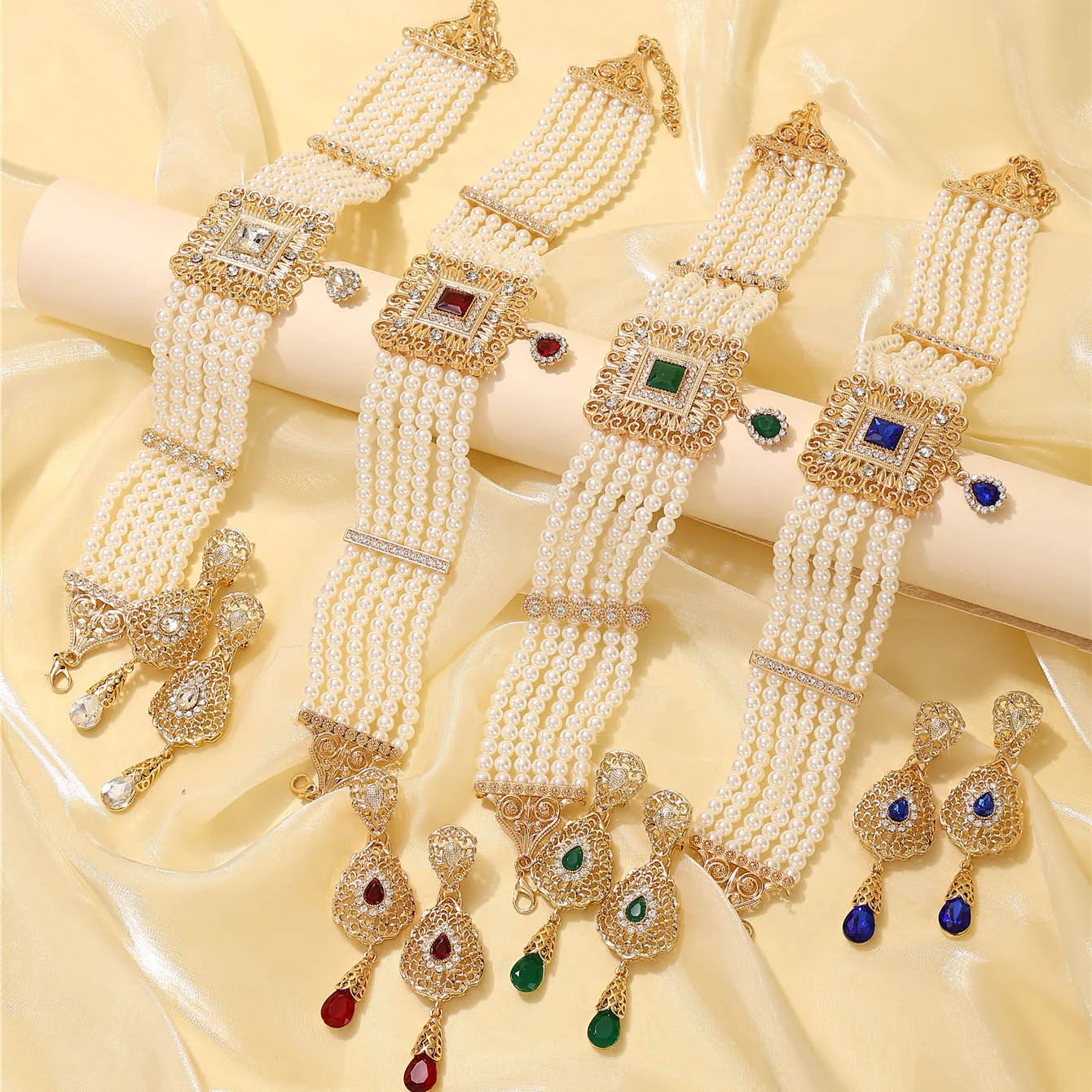 Moroccan Women's Pearl Jewelry Set Luxurious Vintage Style Necklace Earrings, Bridal Wedding Party Accessories