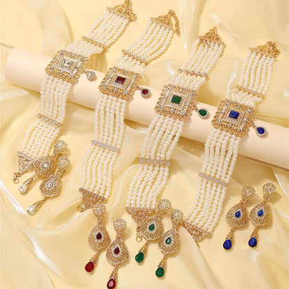 Moroccan Women's Pearl Jewelry Set Luxurious Vintage Style Necklace Earrings, Bridal Wedding Party Accessories