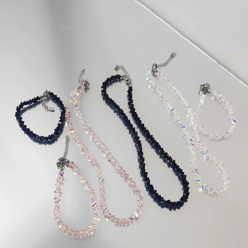 Transparent Crystal Irregular Beaded Bracelet Women‘s Shiny Mulit-cut Pink Glass Chain on the Hand Jewelry Girls Gifts