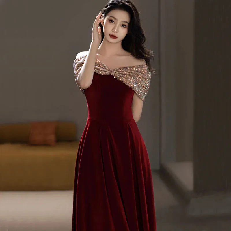 DongCMY Vestidos De Novia-f-Spring Burgundy One-shoulder Evening Gown For Women Wedding Dress Elegant And Pretty Dresses