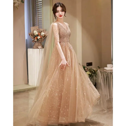 Customized Khaki Banquet Evening Dress Spring/Summer New Style Sparkling Tassel Choral Performance Dress New Year Party Dress