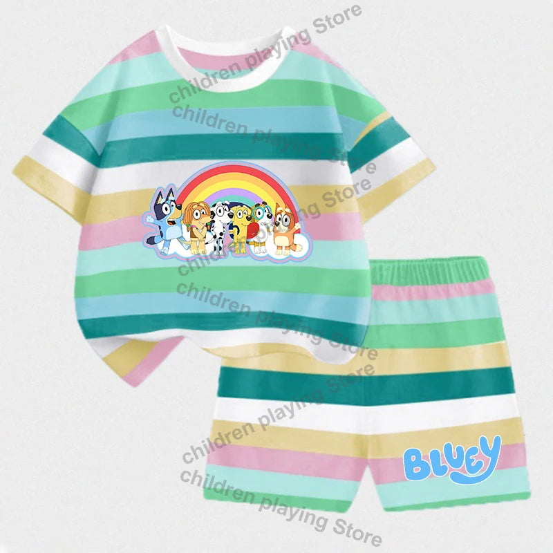 Blueyi Series Child Stripes Sets Summer Girls Boys T-Shirt Shorts Suits Cartoon Bingo Casual Sport Clothes Kids Sleepwear Gifts