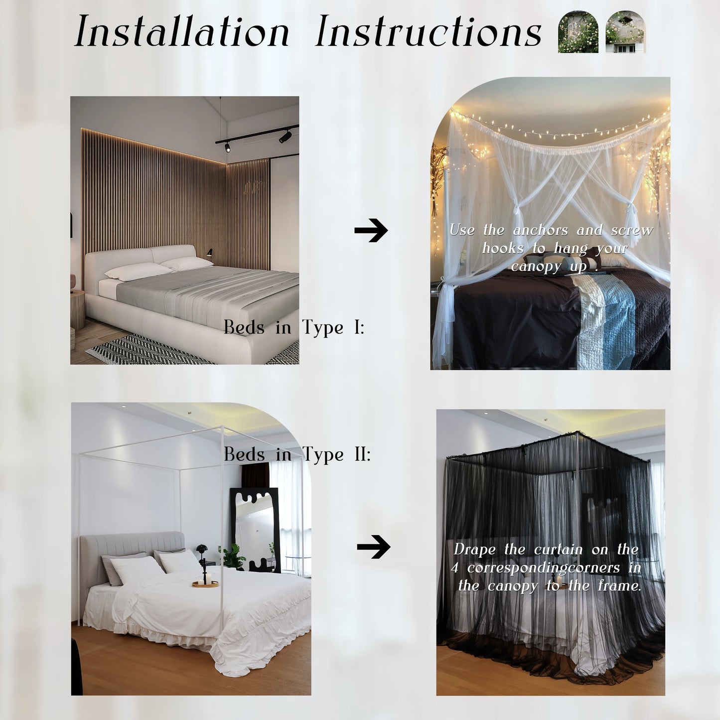 Mosquito NET for Bed Canopy Four Corner Post Curtains Bed Canopy Elegant Mosquito Net Set Twin/Queen/King for Girls & Adult ﻿