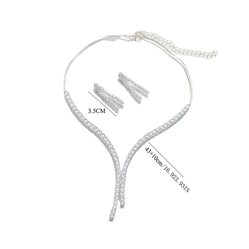 2Pcs/lot Simple Fashion Geometric Zircon Necklace Earrings Kit For Women Wedding Bride Jewelry Set Accessories Gift