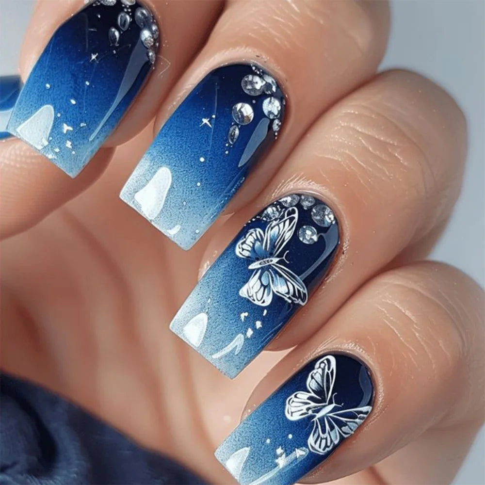 24pcs Golden Stripe Press on Nails Shiny Powder Love Design Long Square False Nails Wearable Full Cover Nail Tips Blue Fake Nail