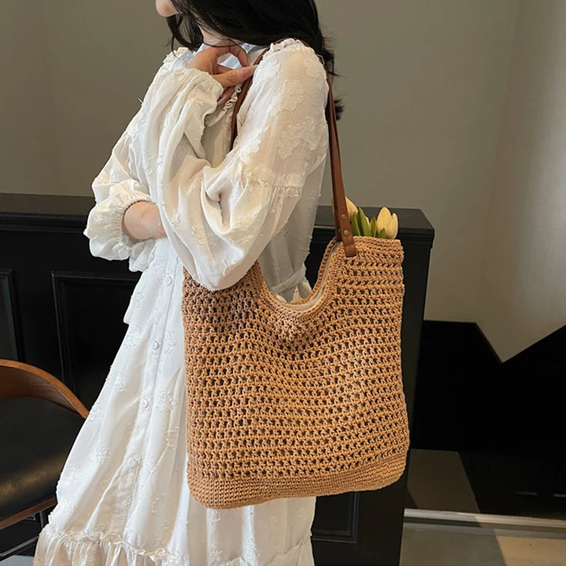 Designer Handmade Summer Beach Purses Handbags Casual Hollow Straw Women Shoulder Bags