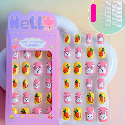 24PC/Box Children's Press On Nails With Jelly Glue Girl's Colorful Cartoon Full Cover Bear Bunny Cat Pattern Fake Nail FalseNail
