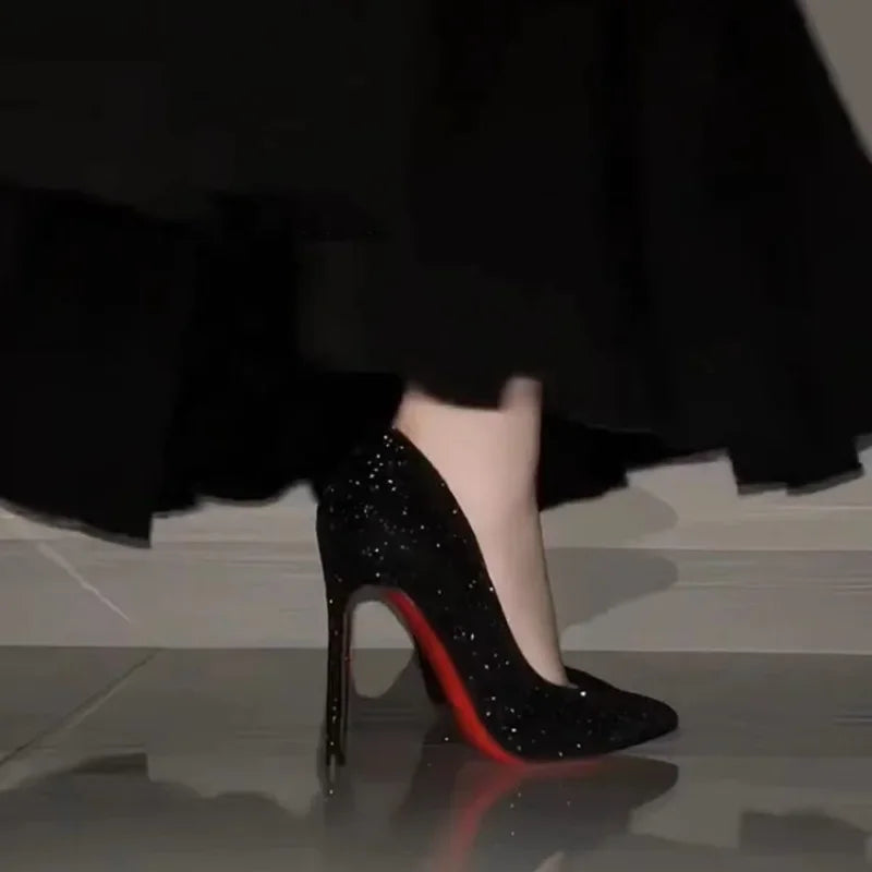 Red Sole High Heels Women's Spring Summer 2025 New Black Thin Heel Sexy Pointed Toe Professional Atmosphere Single Shoes