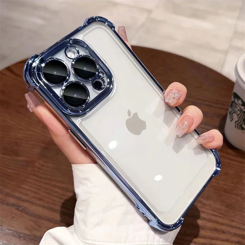 Luxury Plating Shockproof Silicone Phone Case For iPhone 16 15 14 Plus 13 12 11 Pro Max Lens Protect Case Transparent Back Cover