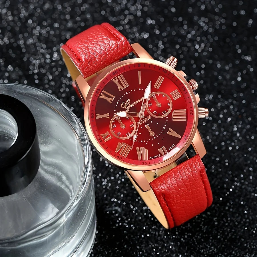 Fashion Quartz Watch 5/10/7/3-Piece Set - Round Zinc Alloy Case with PU Leather Strap