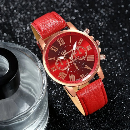 Fashion Quartz Watch 5/10/7/3-Piece Set - Round Zinc Alloy Case with PU Leather Strap