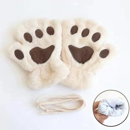 Cute Fashion Cat Paw Fingerless Gloves with Hanging Rope Soft Cold Proof Thickened Plush Gloves Suitable for Cycling and Writing