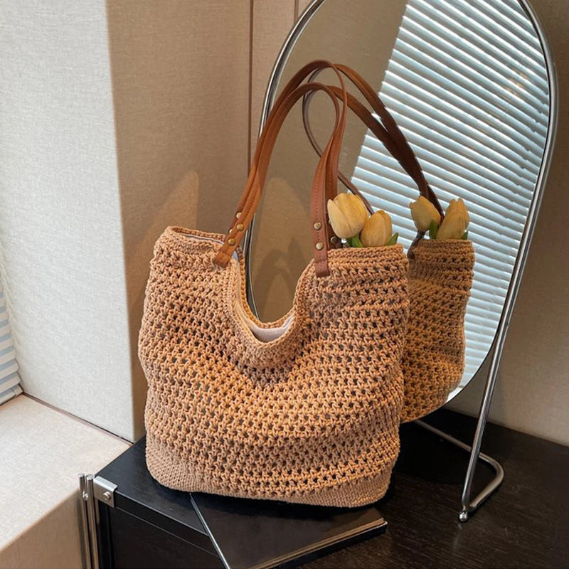 Designer Handmade Summer Beach Purses Handbags Casual Hollow Straw Women Shoulder Bags