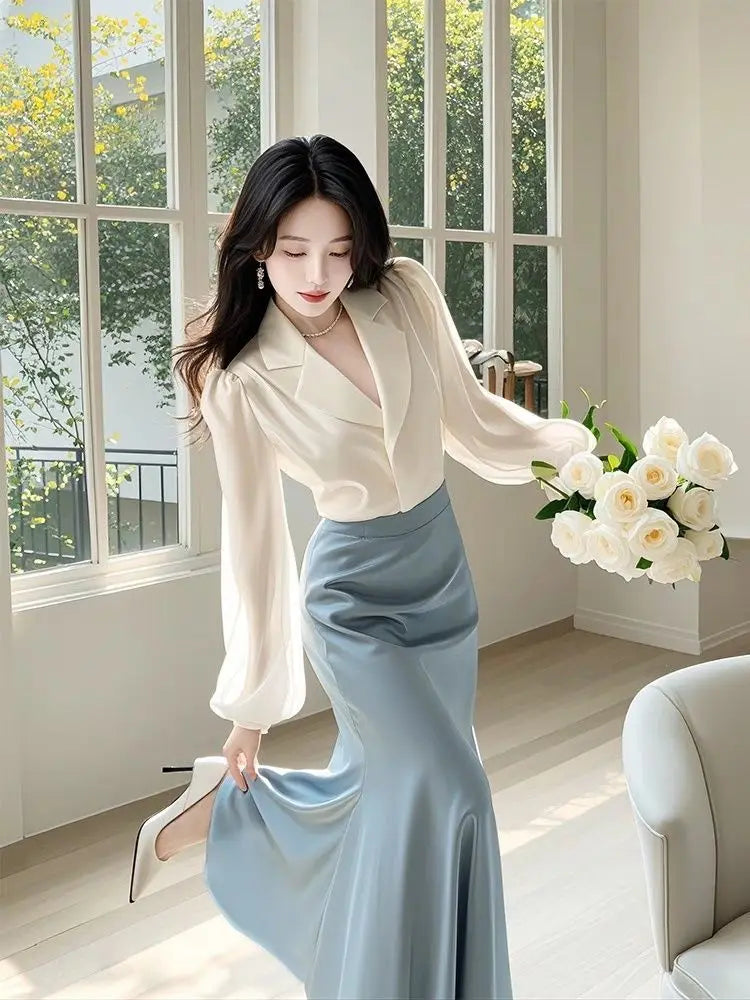 New High End Fashion Two Piece Set Women Elegant Satin Lapel Puff Long Sleeve Shirt + High Waist A-line Skirt Office Lady Suit