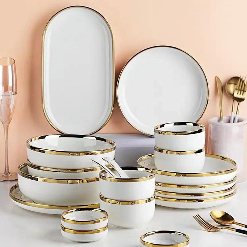 Ceramic Plates Bowls Gilt Rim White Porcelain Dinner Tray Kitchen Plates Ceramic Tableware Food Dishes Rice Salad Noodles Bowl