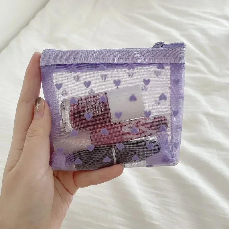 Women Cosmetic Storage Bag Travel Organizer Holder Purse Purple Heart Printed Nylon Mesh Make Up Bag Clear Cute Makeup Bag Pouch