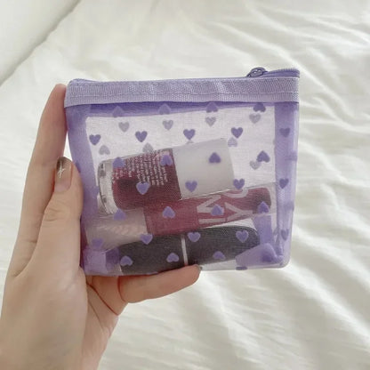 Women Cosmetic Storage Bag Travel Organizer Holder Purse Purple Heart Printed Nylon Mesh Make Up Bag Clear Cute Makeup Bag Pouch