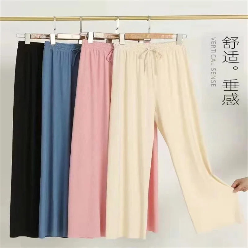 Spring Summer Ice Silk Fitness Wide Leg Pleated Straight Pants Women High Elastic Drawstring Solid Full Trousers JYZZ-AL5718