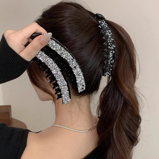 Elegant Rhinestones Banana Clip Sparkling Crystal Pearl Ponytail Holder Twist Hairpin Women Girls Summer Daily Party Hairpiece
