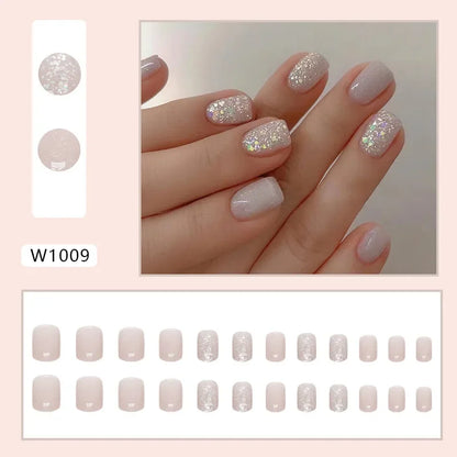 Fresh Green Tea 24 Pcs Fake Nail with Jelly sticker Press on False Nails Wearable Round Head Oval Full Cover Nail Tips