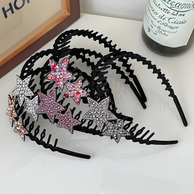 Rhinestone Star Flocking Headband Women's Retro Bangs Arrangement Artifact with Hair Teeth Non-slip Headband Hair Accessories
