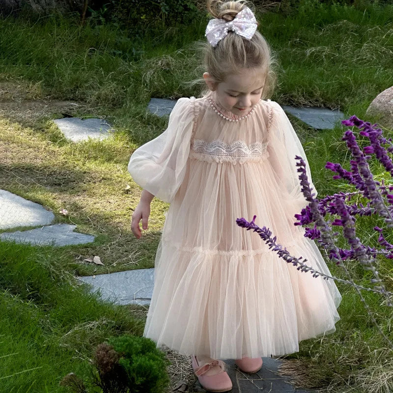 Girls' New Pink Stylish Lace Patchwork Puffy Tulle Birthday First Birthday New Year Princess Dress