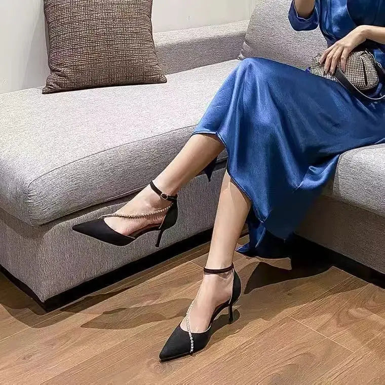 New Black High Heels Women's  Thin Heel Hollow Pointed Single Shoes Sexy Baotou Button Water Drill High heels shoes