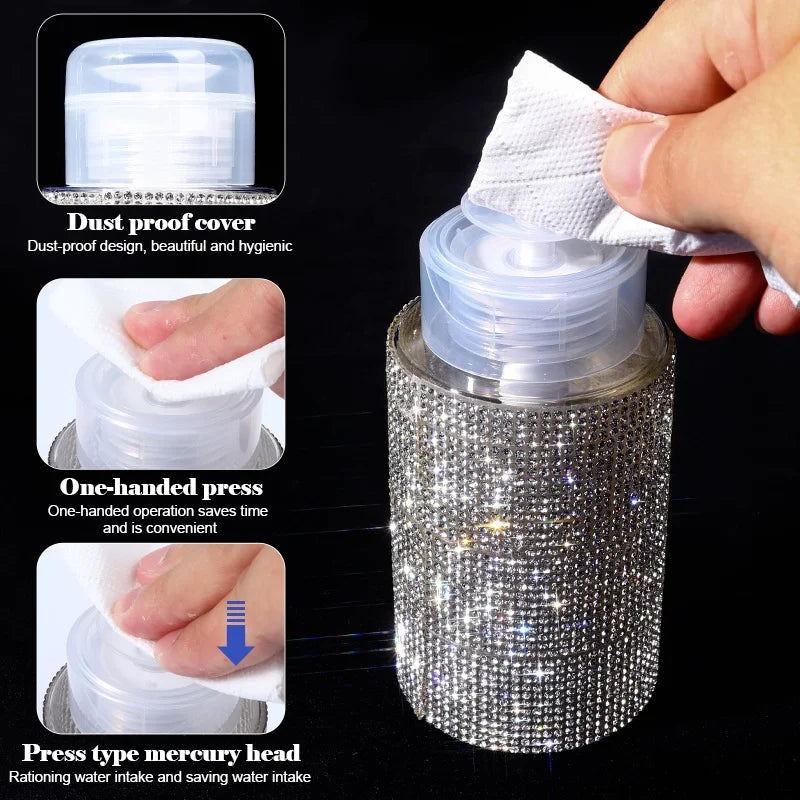 Diamond Design 200ml Empty Liquid Bottle Press Pump Dispenser Refillable Container for Nail Polish Remover Makeup Manicure Tool