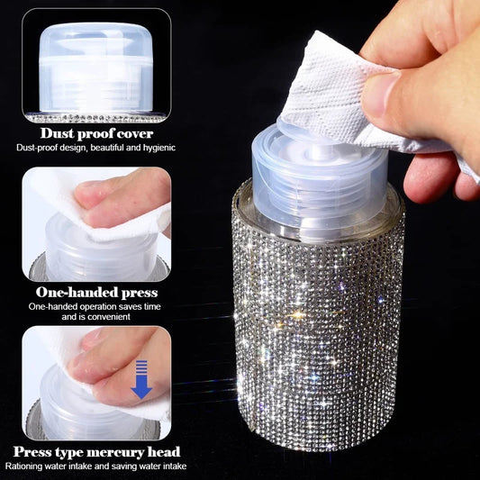 Diamond Design 200ml Empty Liquid Bottle Press Pump Dispenser Refillable Container for Nail Polish Remover Makeup Manicure Tool