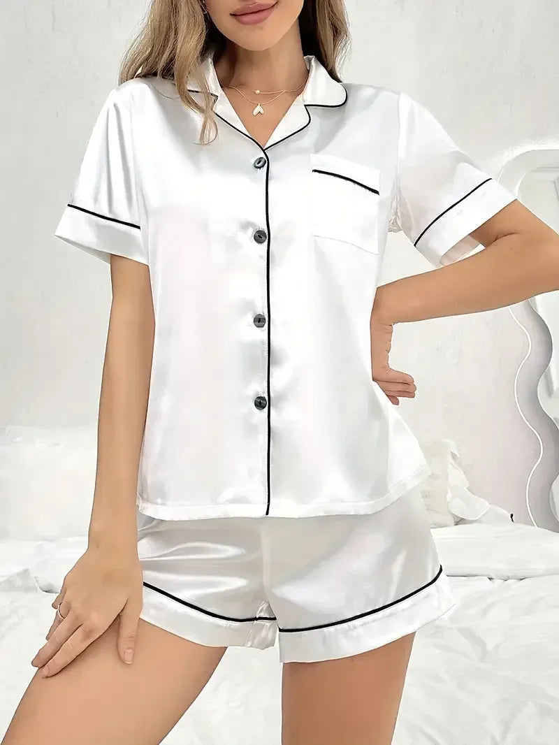 Summer Comfortable Sleepwear Relaxed Fit Solid Satin Women's Casual Pajama Set, Short Sleeve Buttons Lapel Top & Shorts