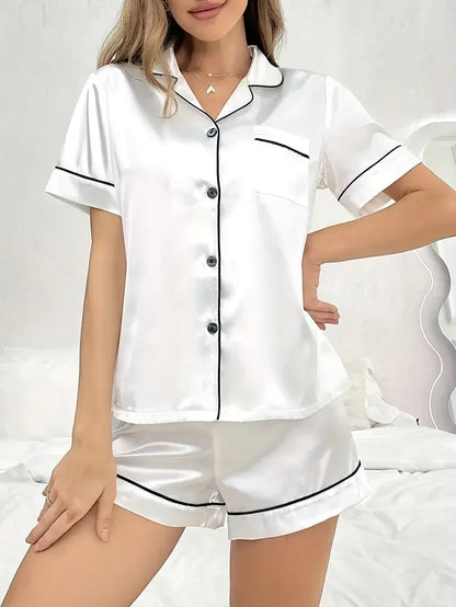 Summer Comfortable Sleepwear Relaxed Fit Solid Satin Women's Casual Pajama Set, Short Sleeve Buttons Lapel Top & Shorts