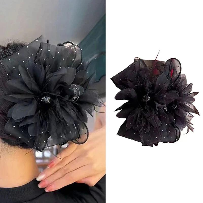 1PC 11/13cm Mesh Lace Black Feather Ribbon Bow Hair Claws Hairpin Big Ponytail Holder Hair Clips Hair Accessories For Women