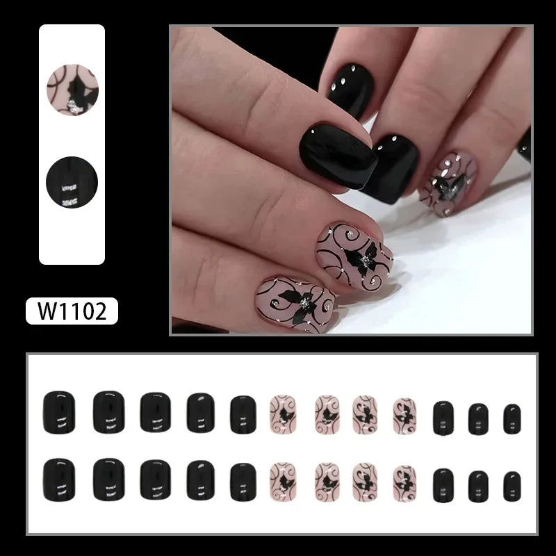 Fresh Green Tea 24 Pcs Fake Nail with Jelly sticker Press on False Nails Wearable Round Head Oval Full Cover Nail Tips