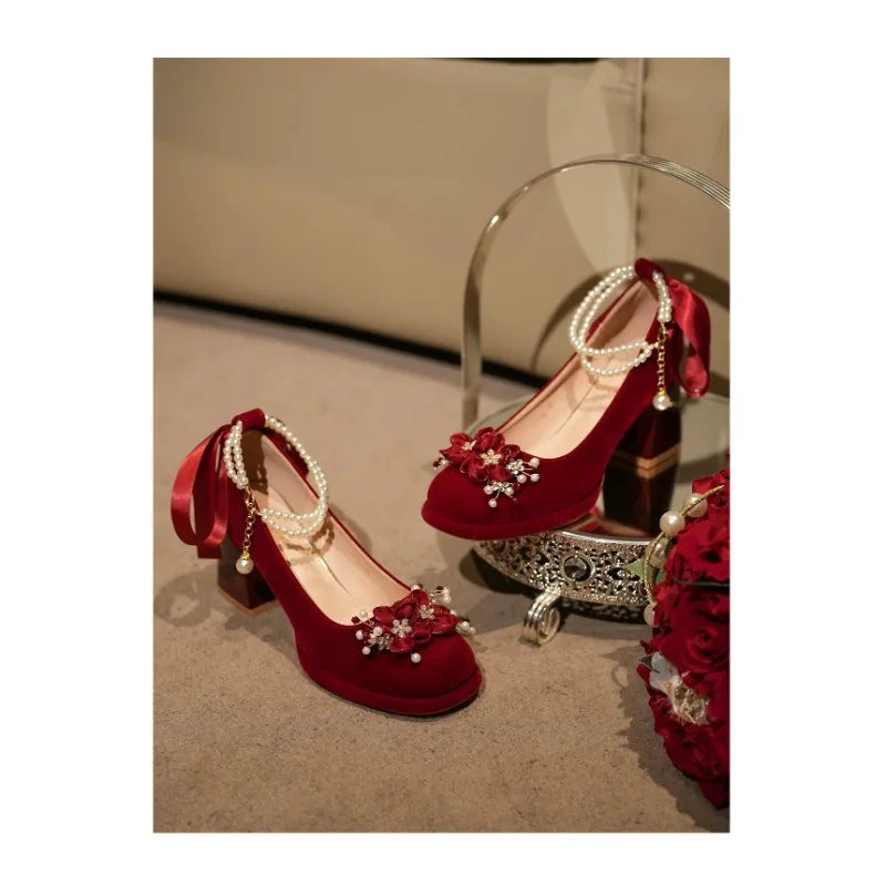 Red Wedding Shoes, Two-wear Wedding Dress, Mary Jane's Thick and High Heel Women's Shoes 2025 New Style